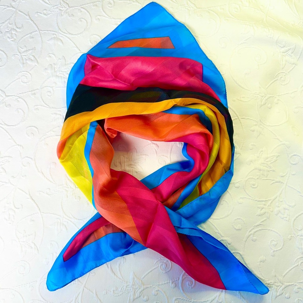 Vintage 60s Glentex Turquoise Blue Orange Pink‎ Geometric Square Scarf Italy Mod